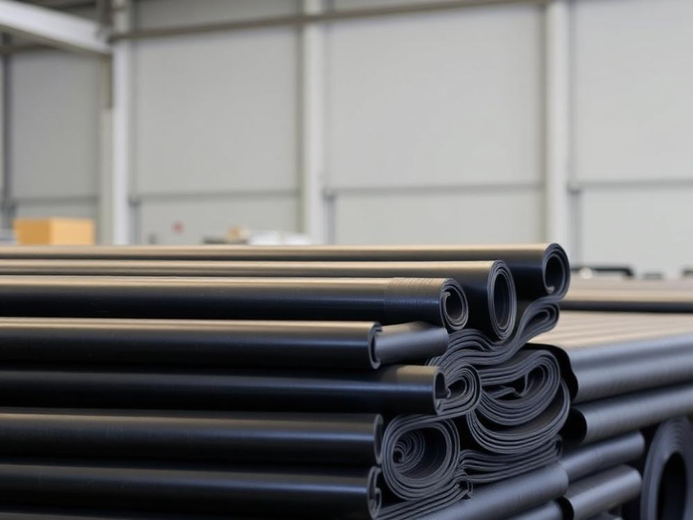 Industrial rubber and PVC conveyor belt rolls in a warehouse