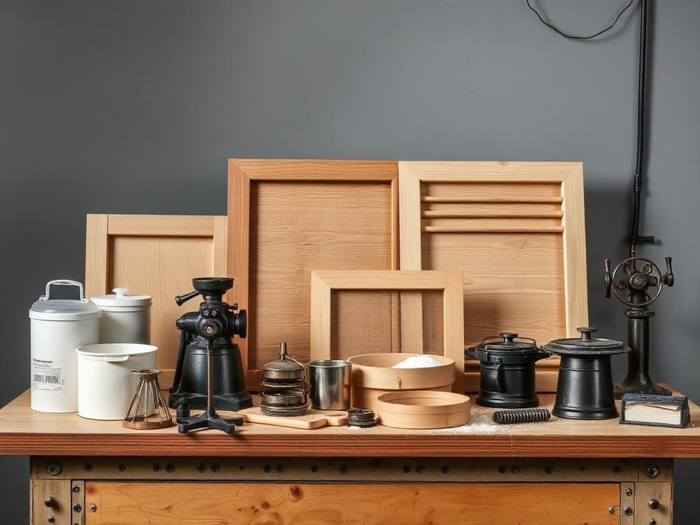 Flour mill plansifter sieve frames and milling spare parts on a workbench
