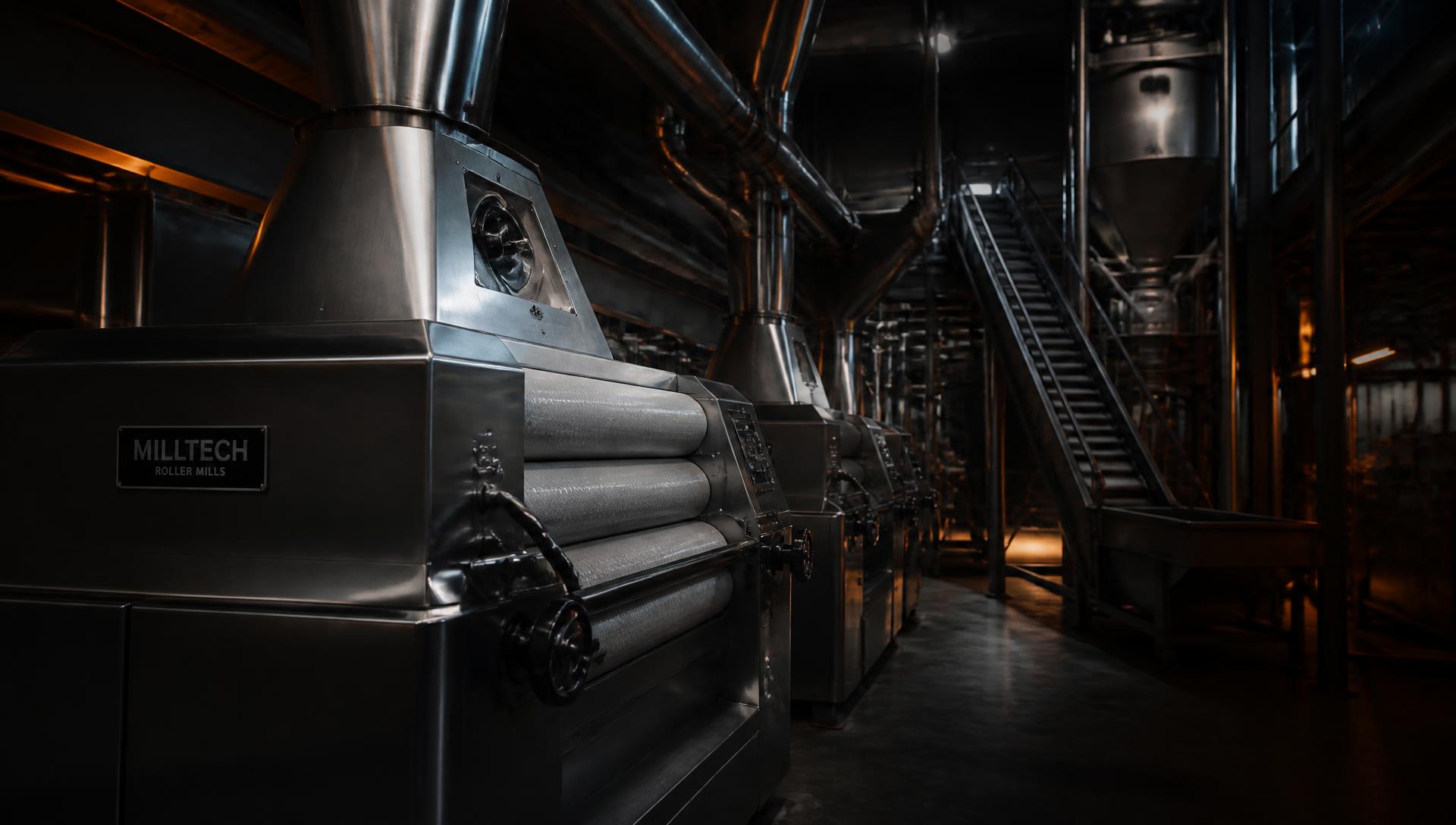 Roller mill machinery and conveyor systems inside a modern flour milling plant